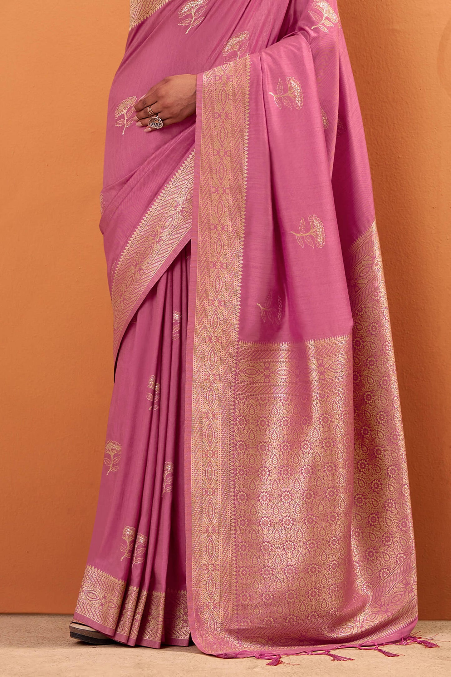 Improbable Baby Pink Banarasi Tussar Silk Saree With Glowing Blouse Piece