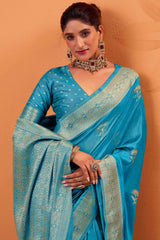 Supernal Firozi Banarasi Tussar Silk Saree With Rhapsody Blouse Piece