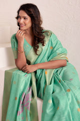 Evanescent Turquoise Cotton Silk Saree With Refreshing Blouse Piece