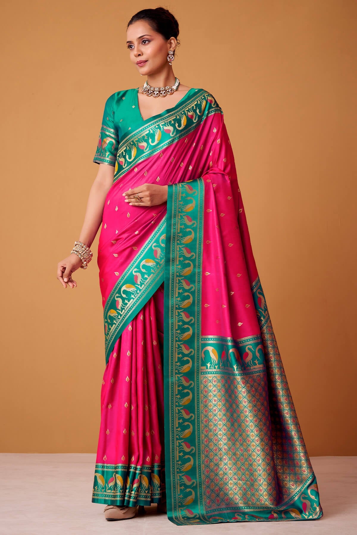 Denouement Dark Pink Banarasi Satin Silk Saree With Sumptuous Blouse