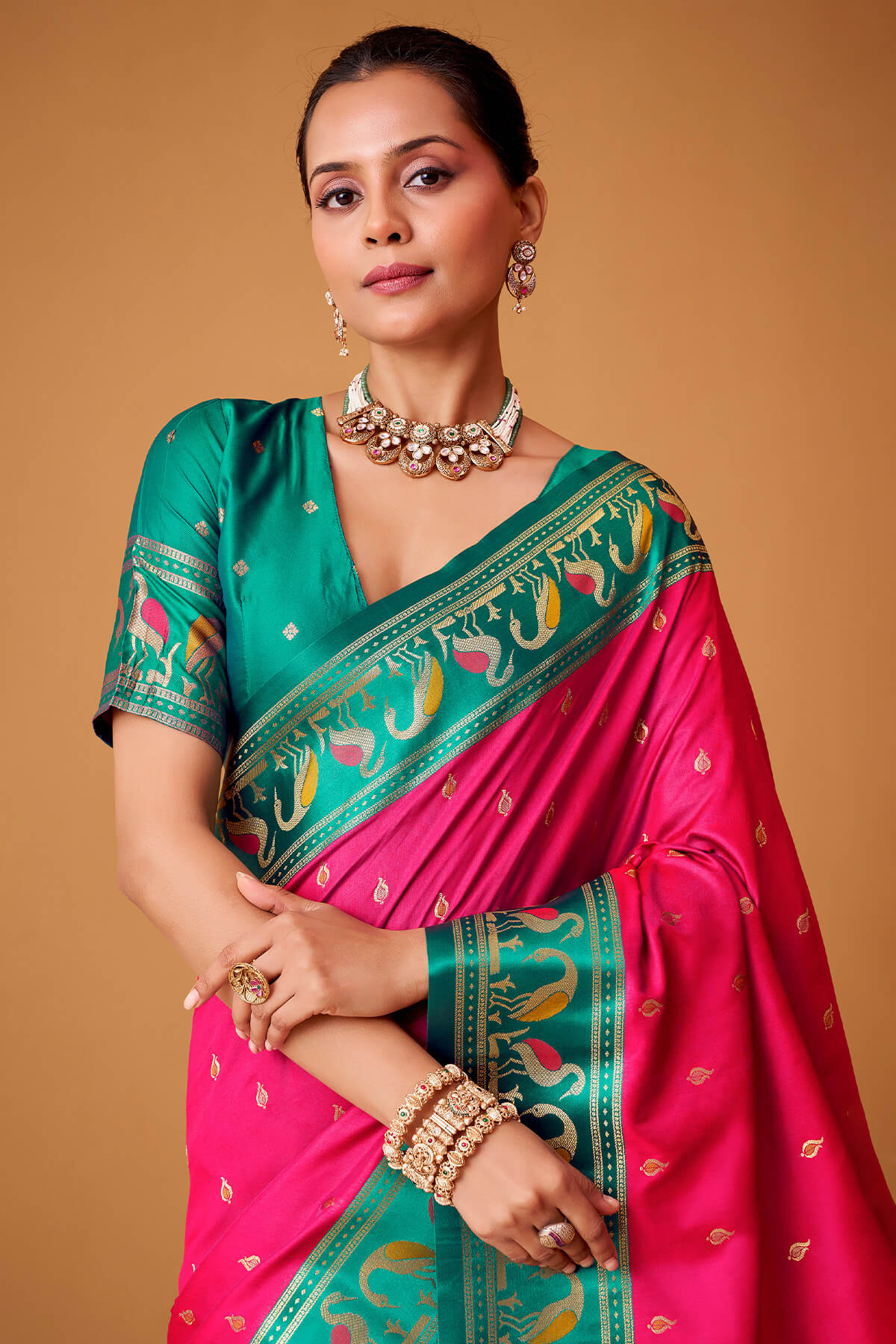 Denouement Dark Pink Banarasi Satin Silk Saree With Sumptuous Blouse