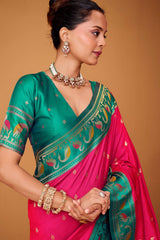 Denouement Dark Pink Banarasi Satin Silk Saree With Sumptuous Blouse