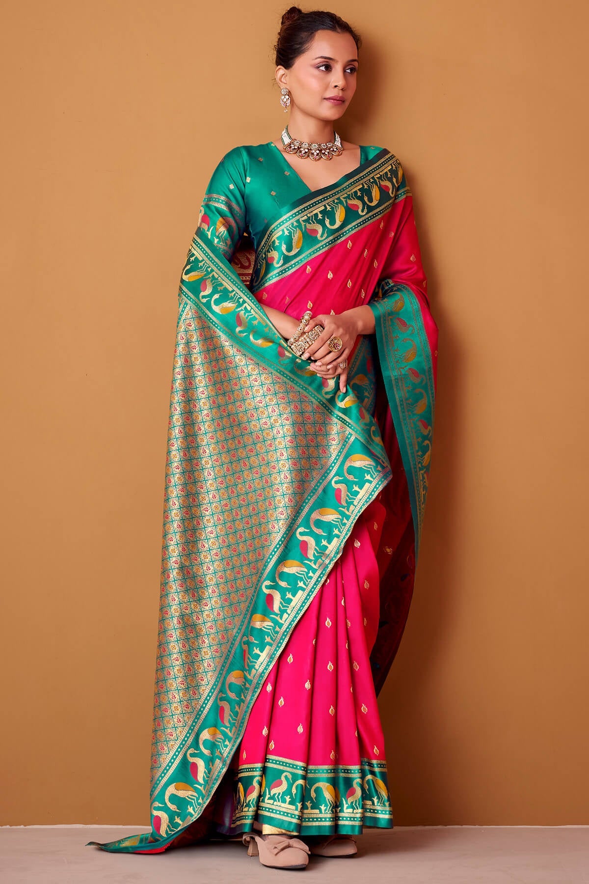 Denouement Dark Pink Banarasi Satin Silk Saree With Sumptuous Blouse