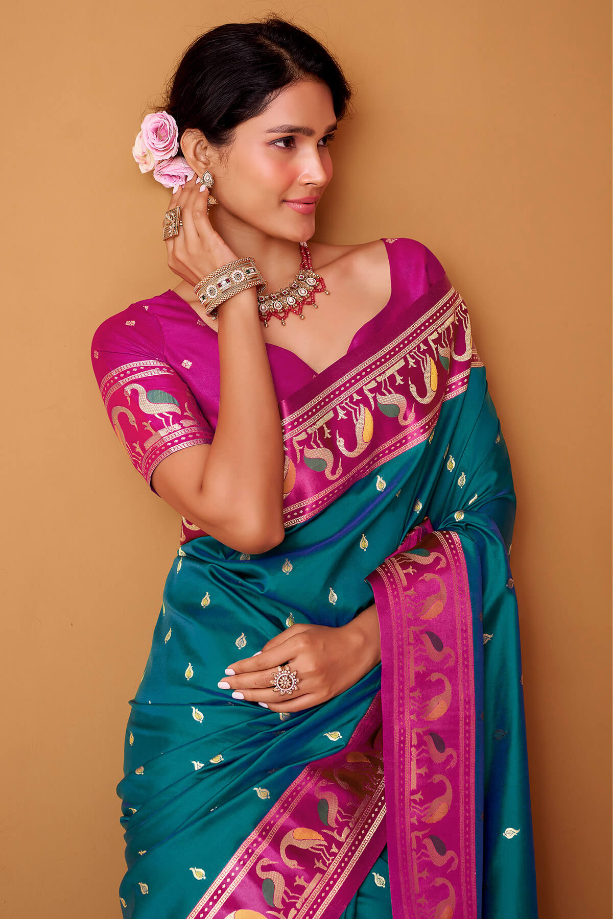 Propinquity Rama Banarasi Satin Silk Saree With Eloquence Blouse