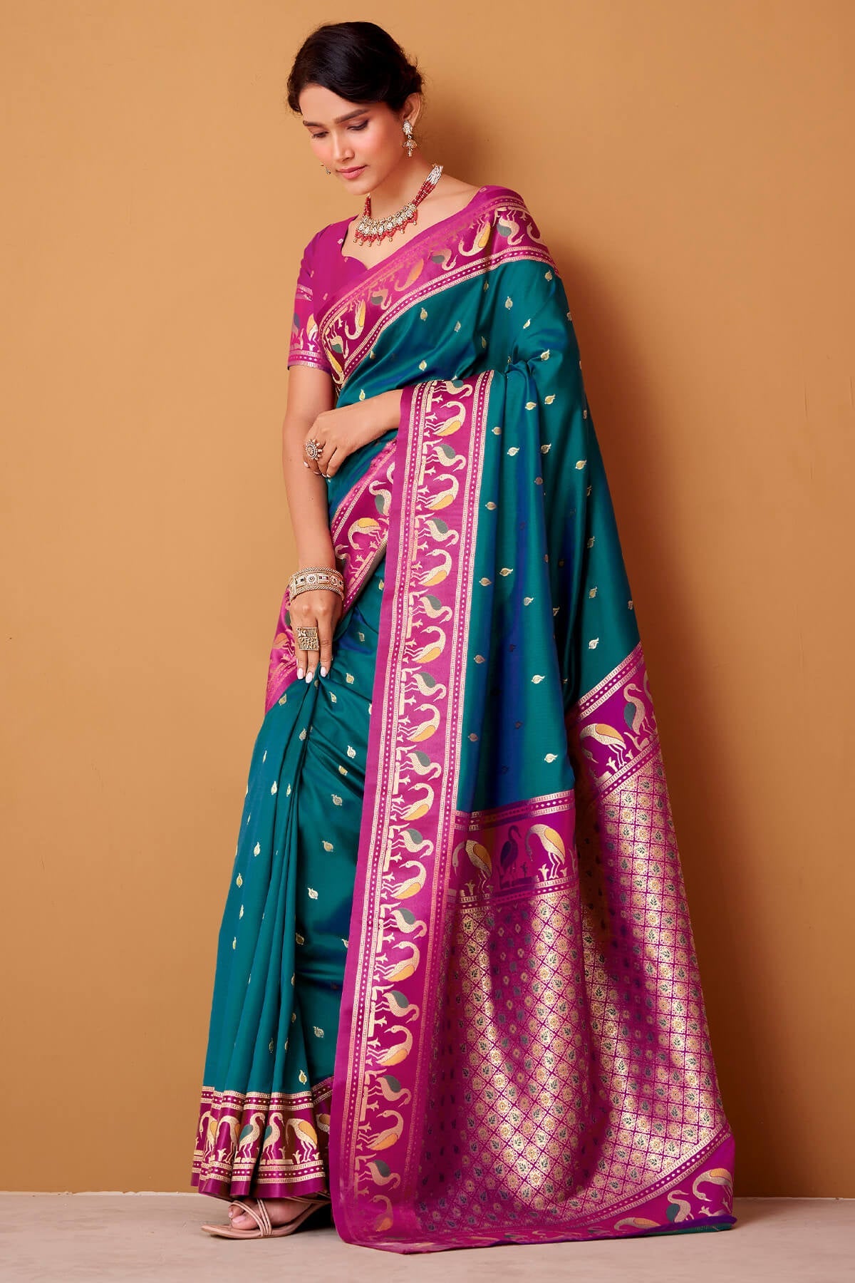 Propinquity Rama Banarasi Satin Silk Saree With Eloquence Blouse