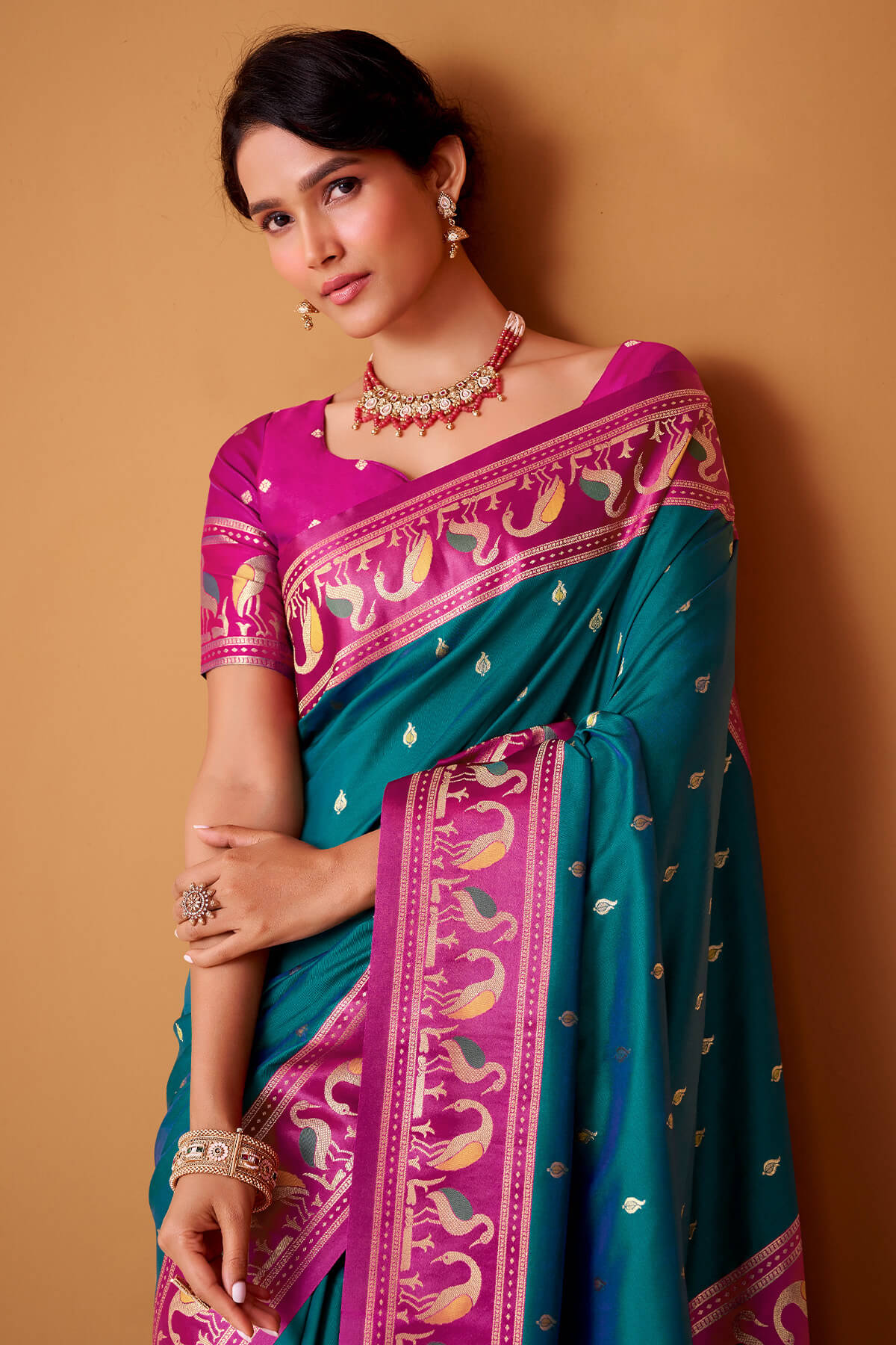 Propinquity Rama Banarasi Satin Silk Saree With Eloquence Blouse