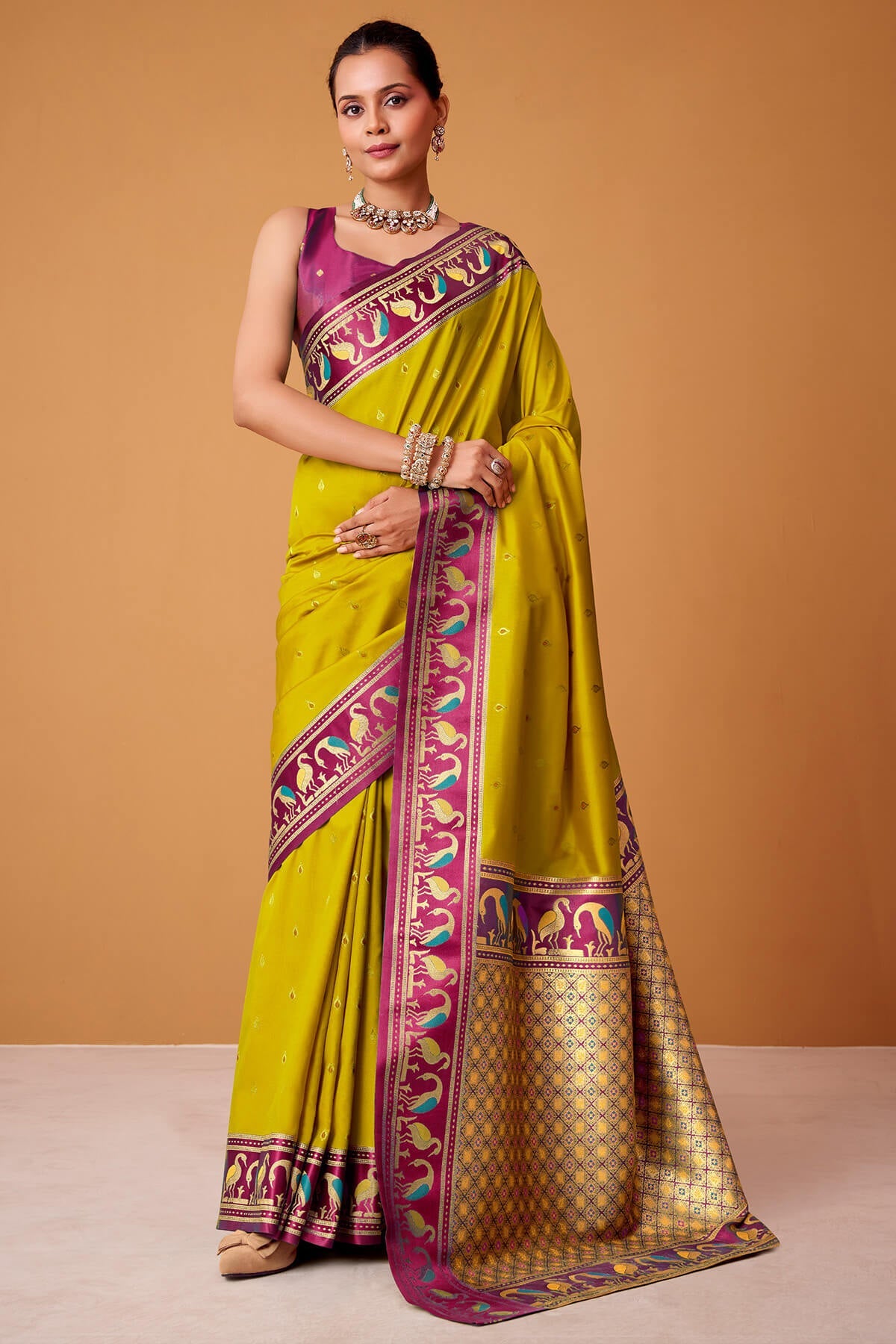 Gorgeous Mustard Banarasi Satin Silk Saree With Prodigal Blouse
