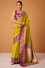 Gorgeous Mustard Banarasi Satin Silk Saree With Prodigal Blouse