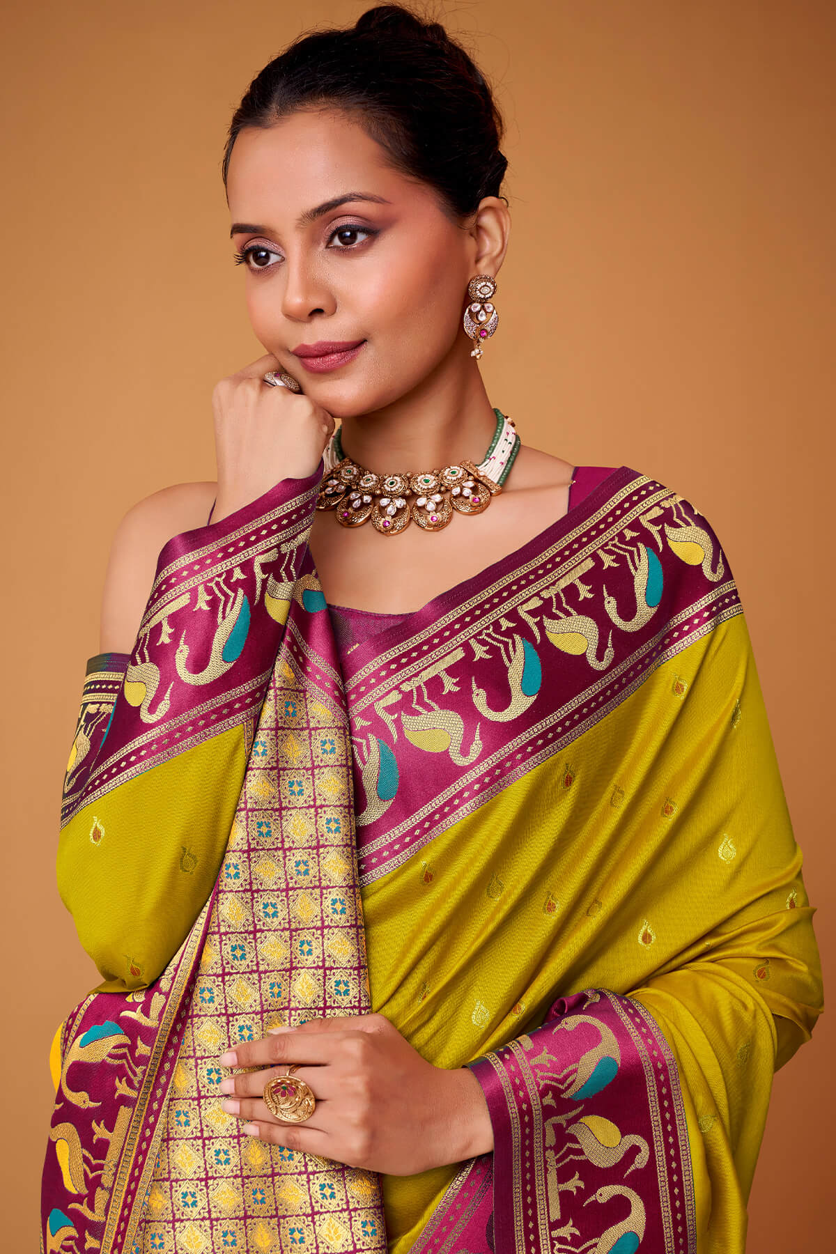 Gorgeous Mustard Banarasi Satin Silk Saree With Prodigal Blouse