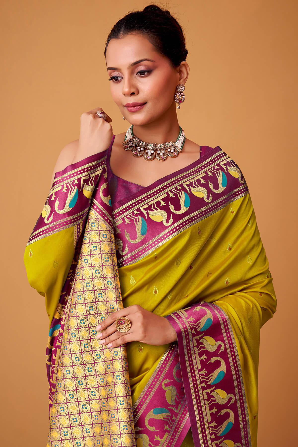 Gorgeous Mustard Banarasi Satin Silk Saree With Prodigal Blouse