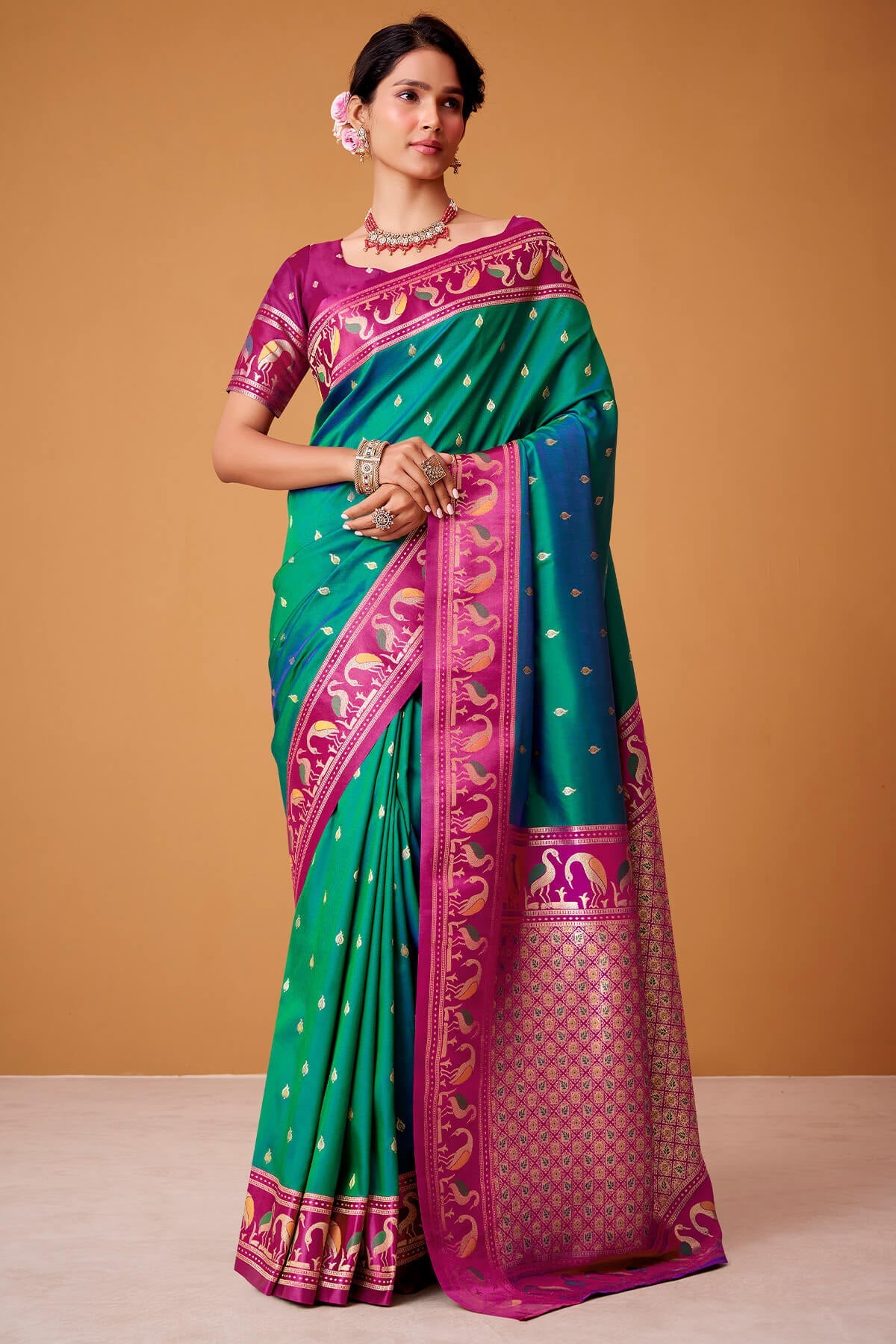 Fairytale Green Banarasi Satin Silk Saree With Ineffable Blouse
