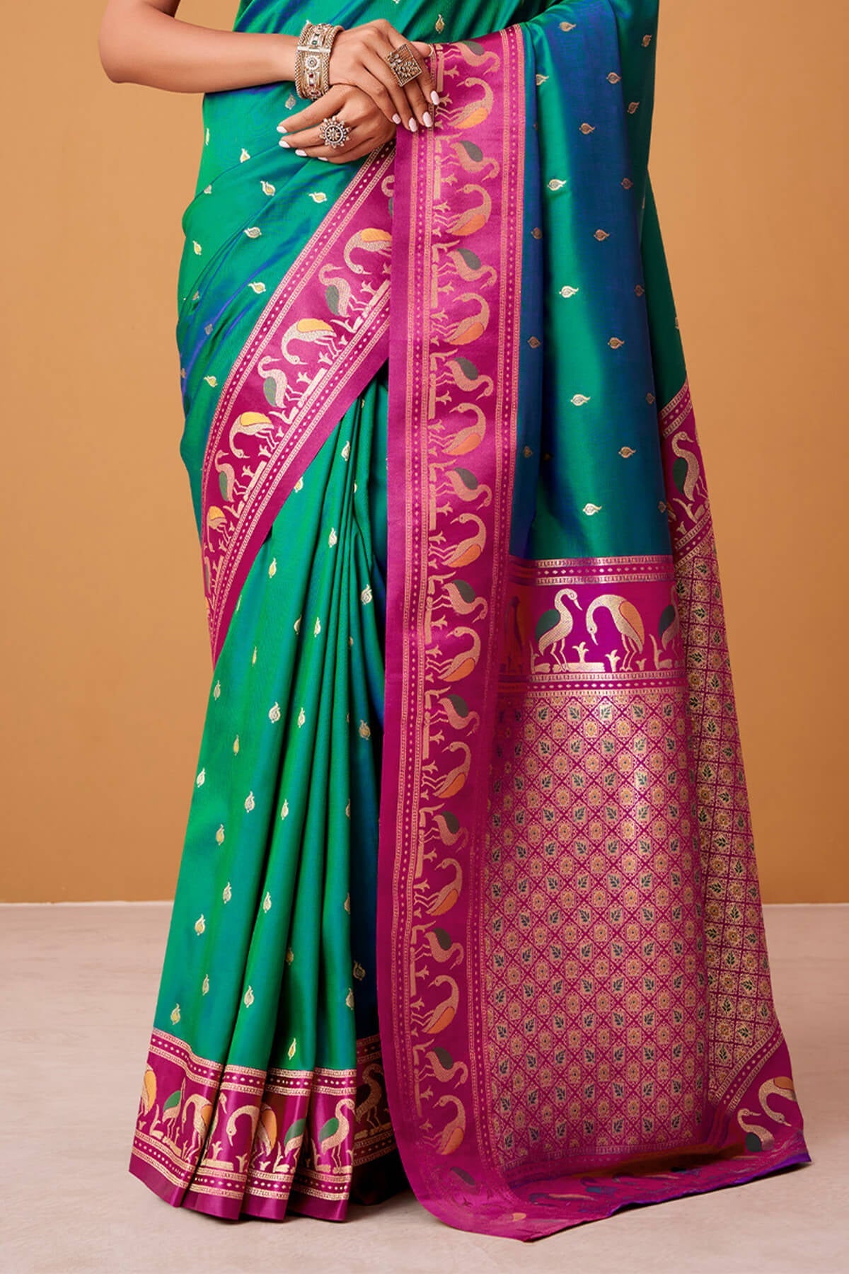 Fairytale Green Banarasi Satin Silk Saree With Ineffable Blouse
