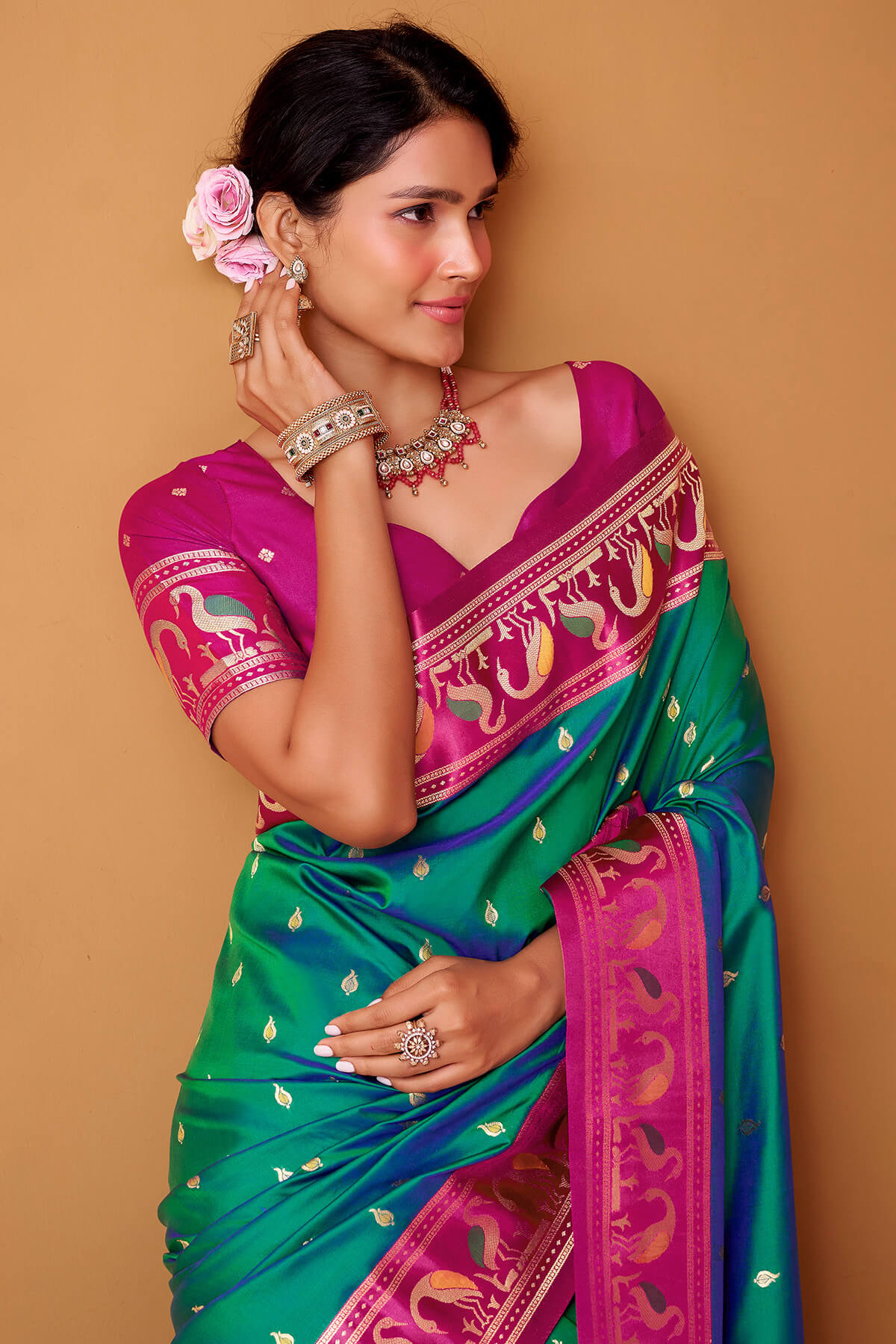 Fairytale Green Banarasi Satin Silk Saree With Ineffable Blouse