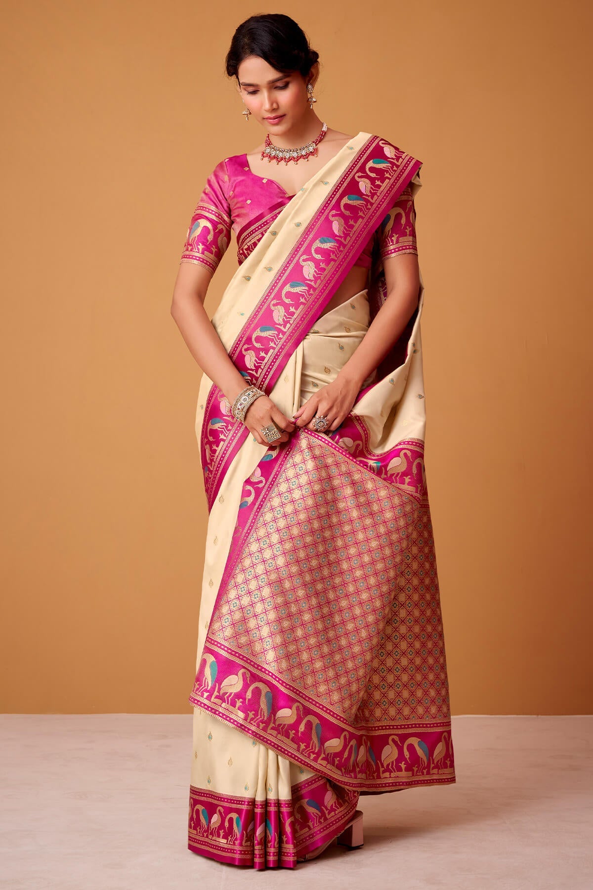 Classic Beige Banarasi Satin Silk Saree With Captivating Blouse