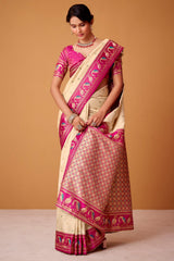 Classic Beige Banarasi Satin Silk Saree With Captivating Blouse