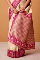 Classic Beige Banarasi Satin Silk Saree With Captivating Blouse