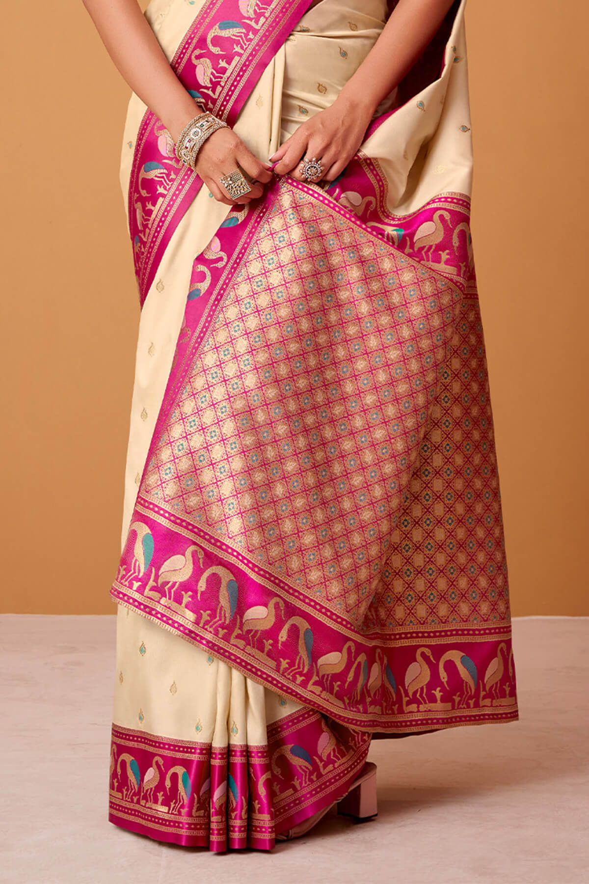 Classic Beige Banarasi Satin Silk Saree With Captivating Blouse