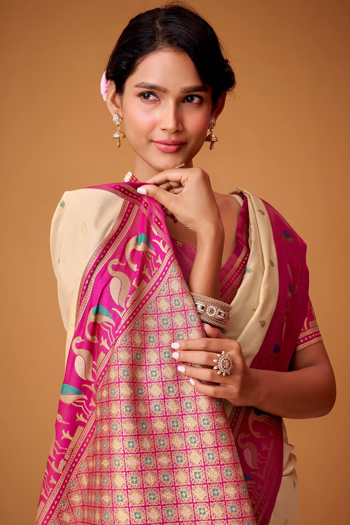 Classic Beige Banarasi Satin Silk Saree With Captivating Blouse