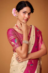 Classic Beige Banarasi Satin Silk Saree With Captivating Blouse