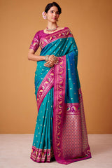 Flamboyant Blue Banarasi Satin Silk Saree With Verdant Blouse