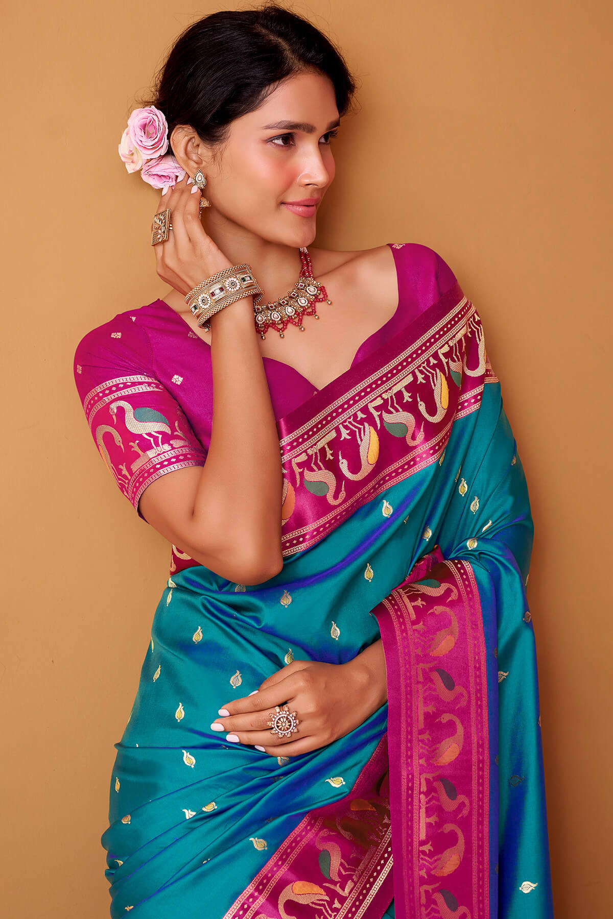 Flamboyant Blue Banarasi Satin Silk Saree With Verdant Blouse