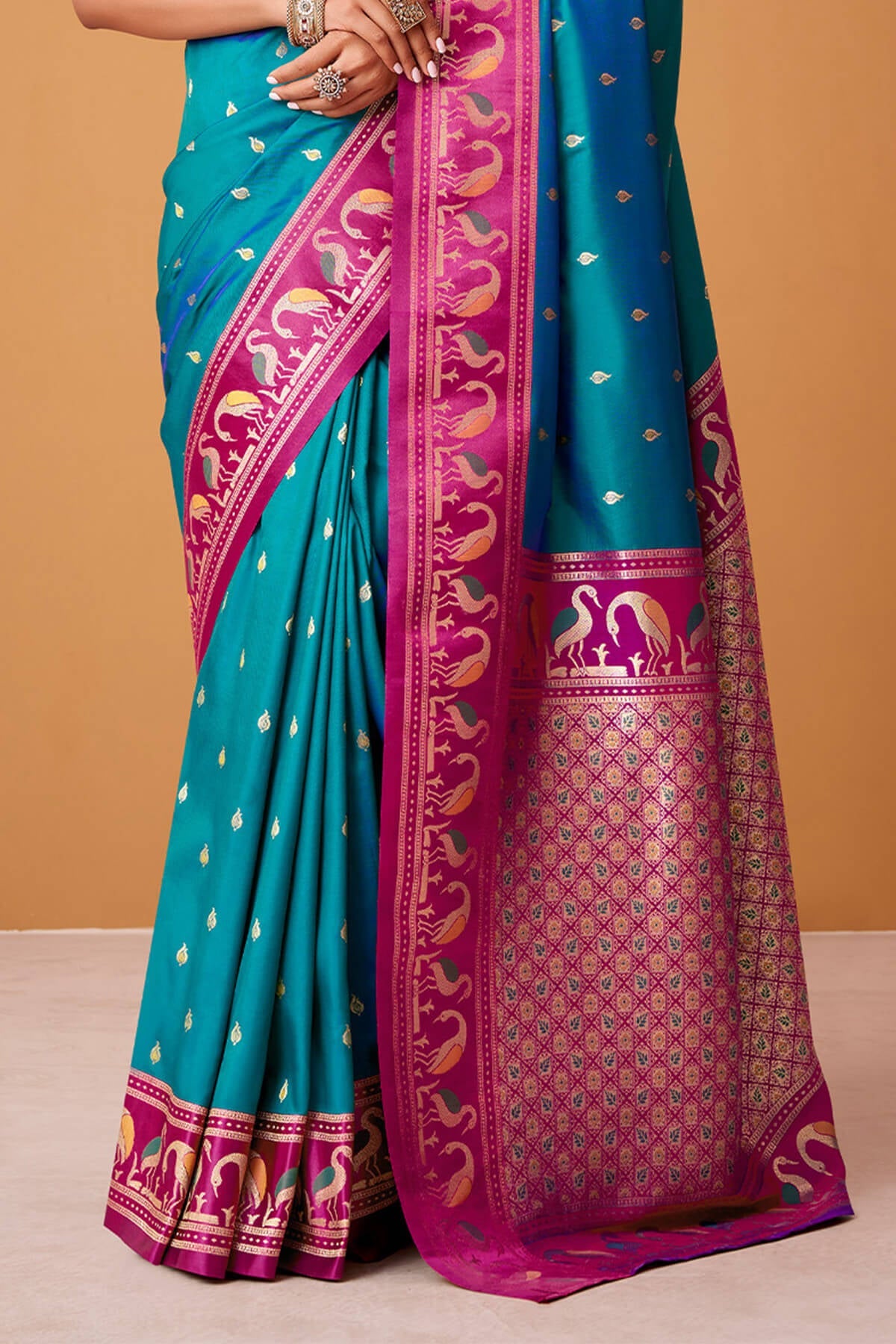 Flamboyant Blue Banarasi Satin Silk Saree With Verdant Blouse