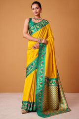 Symmetrical Yellow Banarasi Satin Silk Saree With Desuetude Blouse