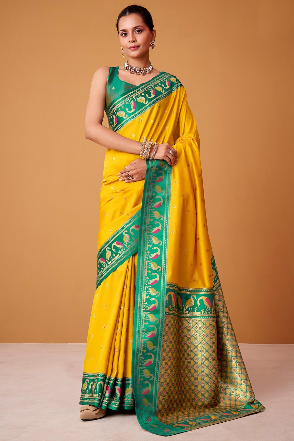 Symmetrical Yellow Banarasi Satin Silk Saree With Desuetude Blouse