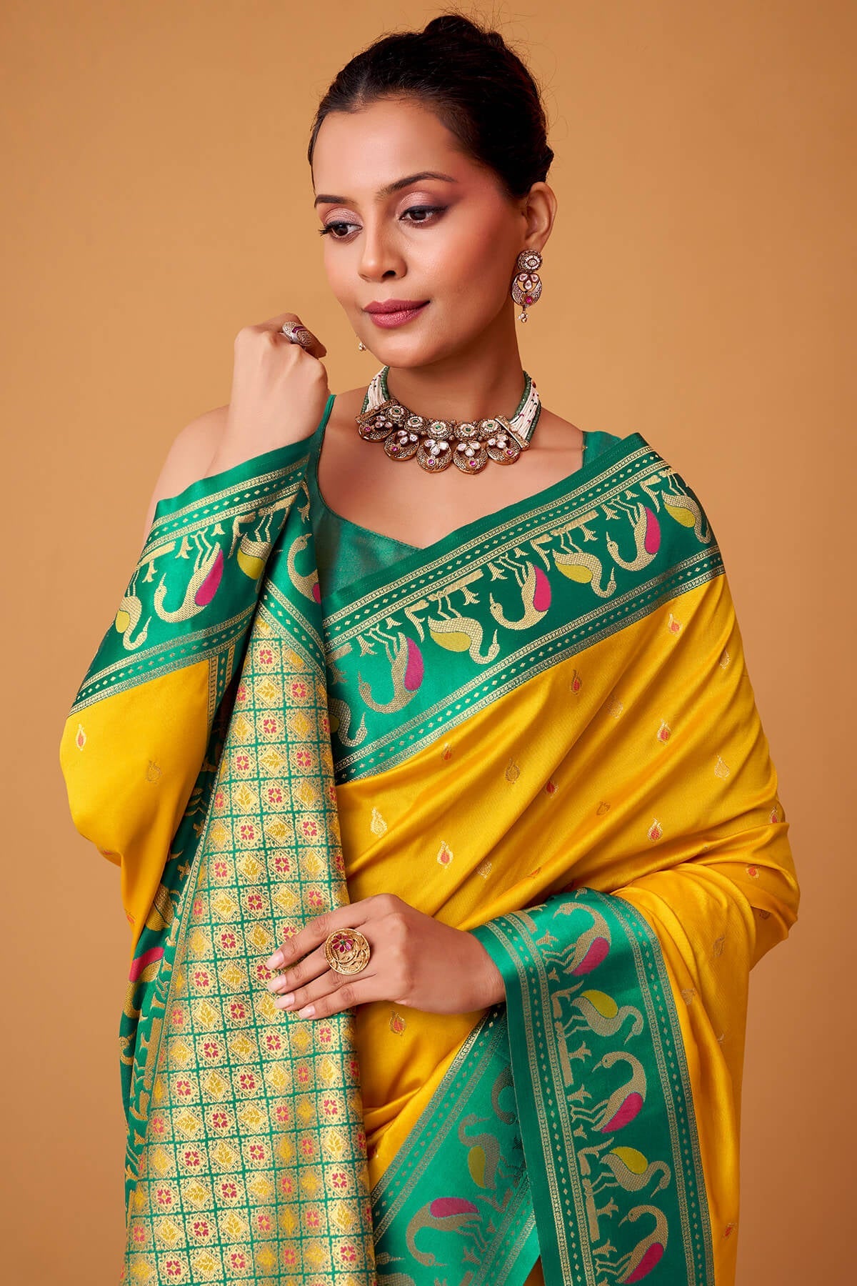Symmetrical Yellow Banarasi Satin Silk Saree With Desuetude Blouse