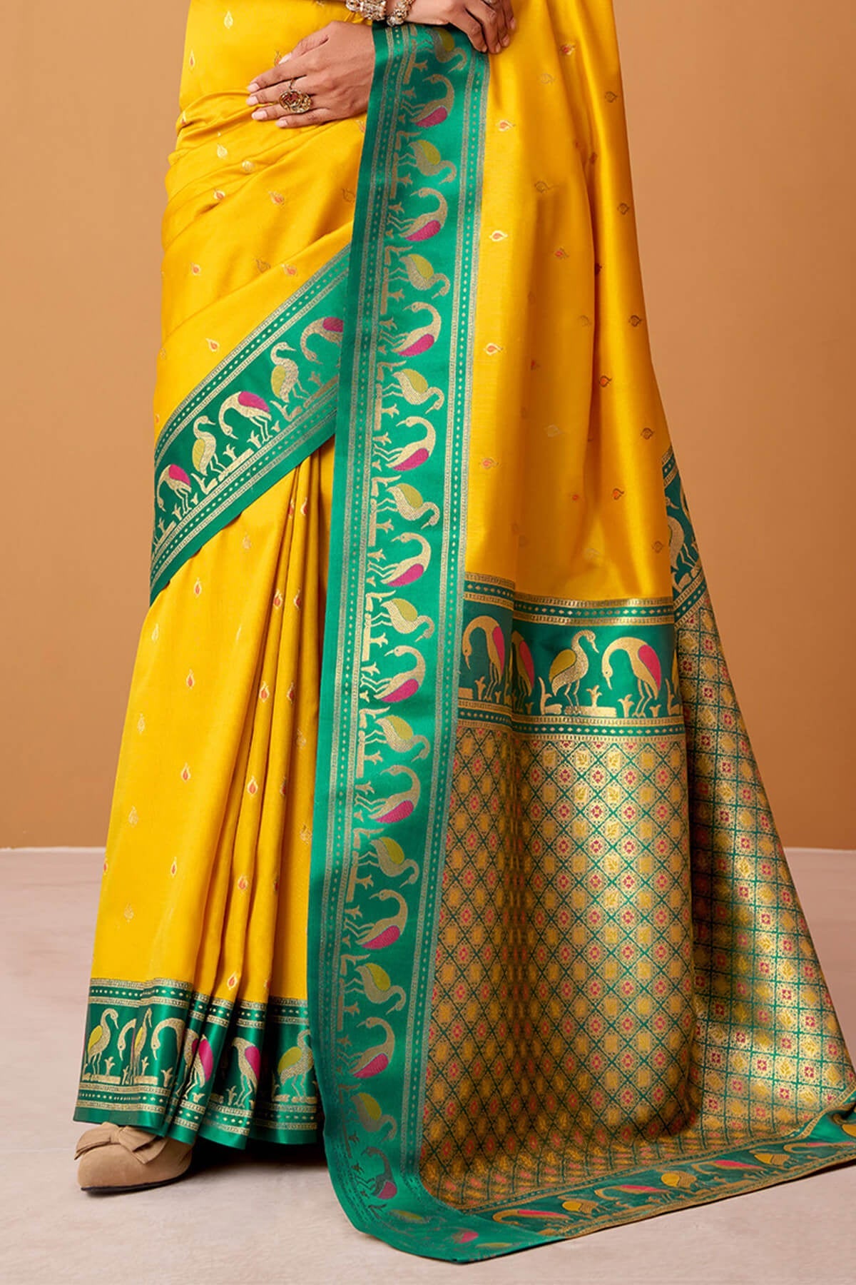 Symmetrical Yellow Banarasi Satin Silk Saree With Desuetude Blouse