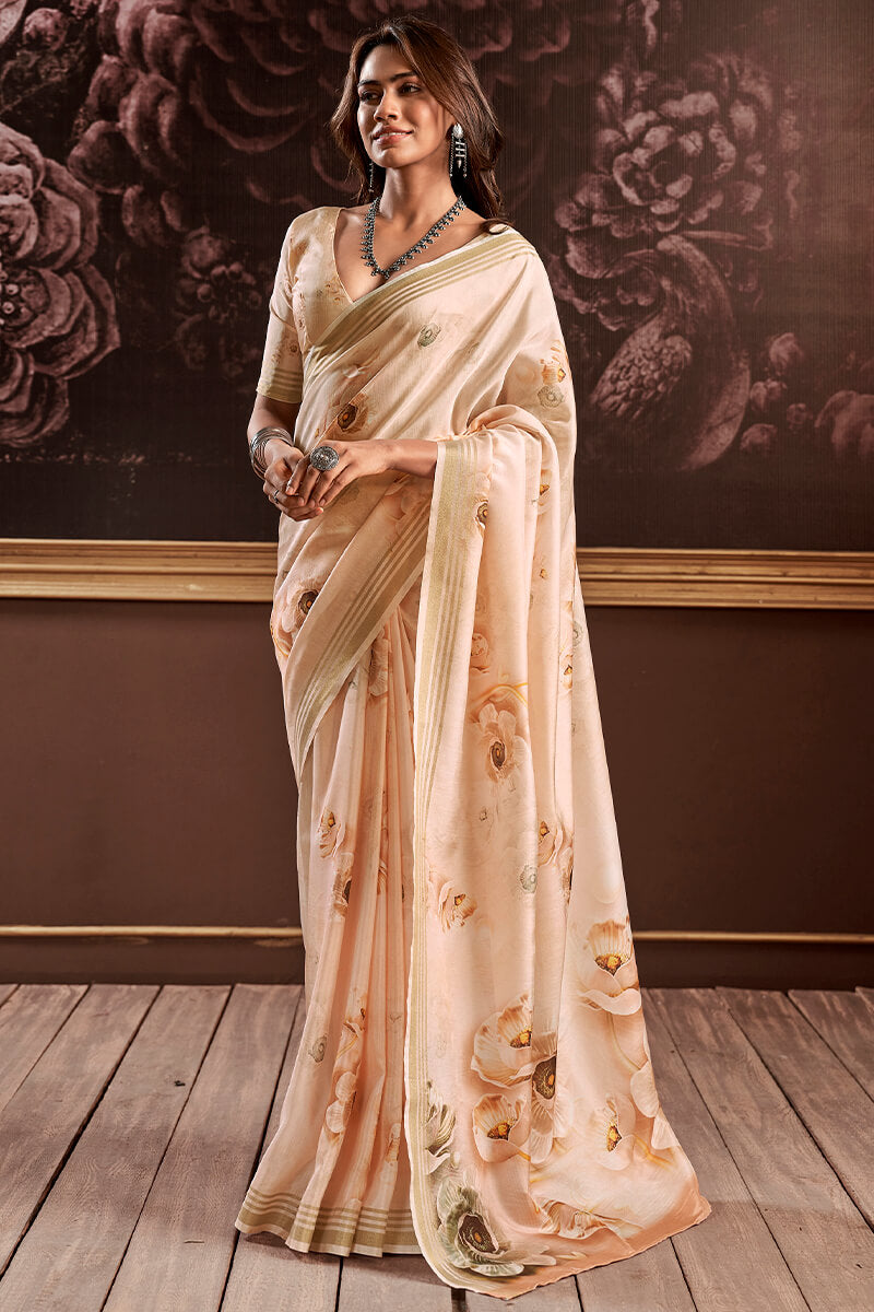 Transcendent Beige Digital Printed Soft Silk Saree With Exemplary Blouse Piece