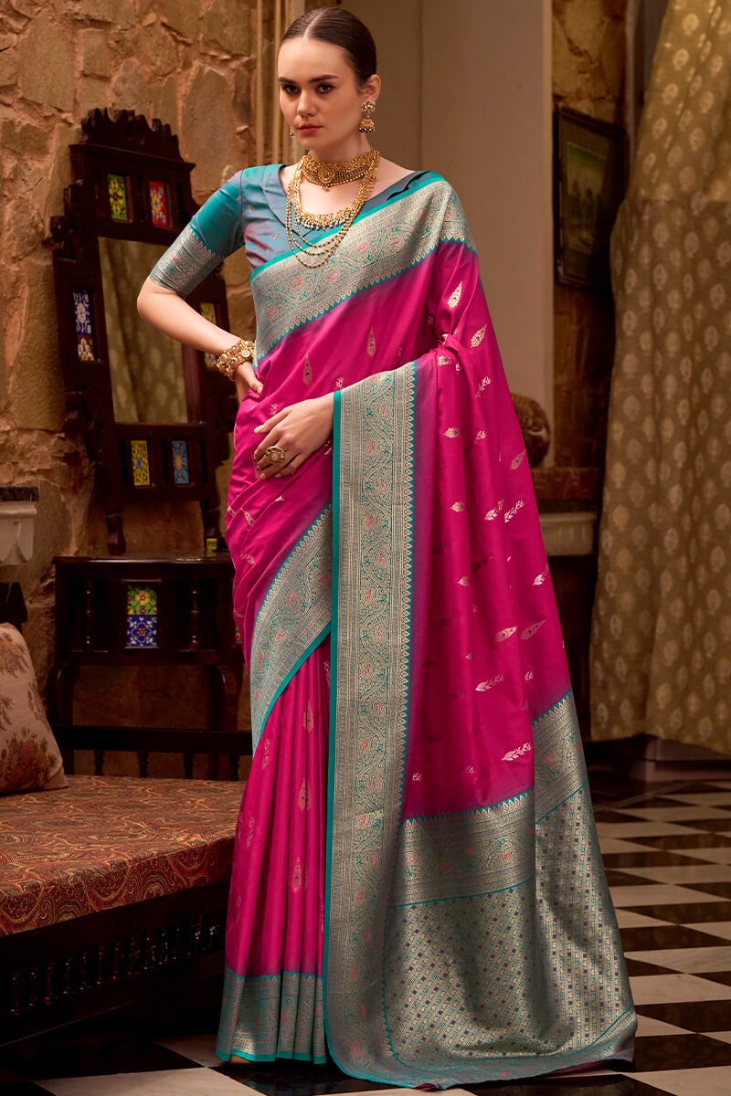 Lovely Dark Pink Soft Banarasi Silk Saree With Elision Blouse Piece