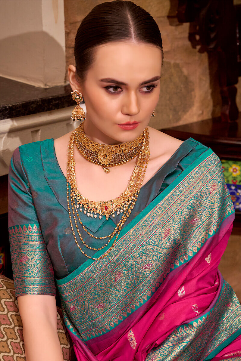 Lovely Dark Pink Soft Banarasi Silk Saree With Elision Blouse Piece