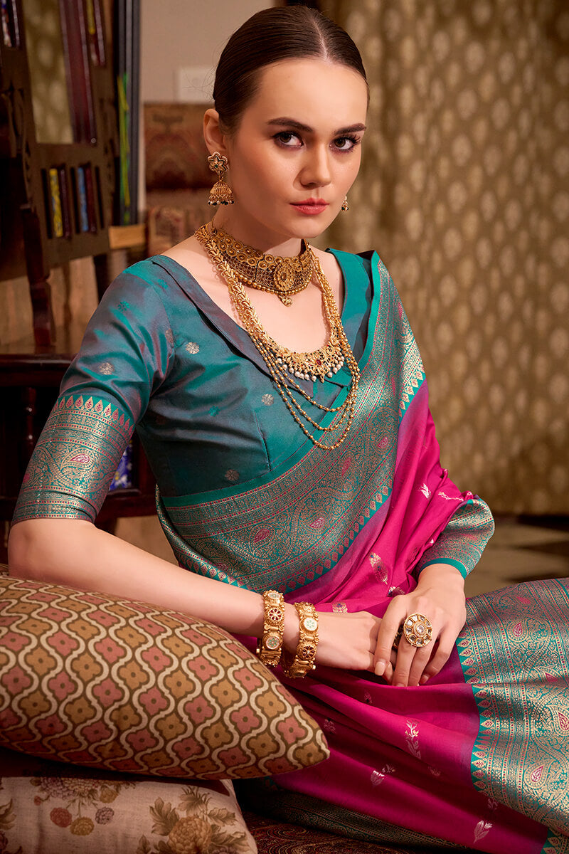 Lovely Dark Pink Soft Banarasi Silk Saree With Elision Blouse Piece