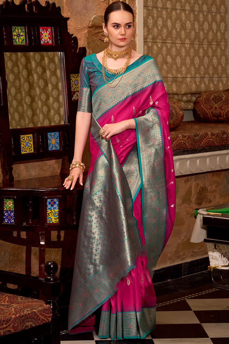 Lovely Dark Pink Soft Banarasi Silk Saree With Elision Blouse Piece