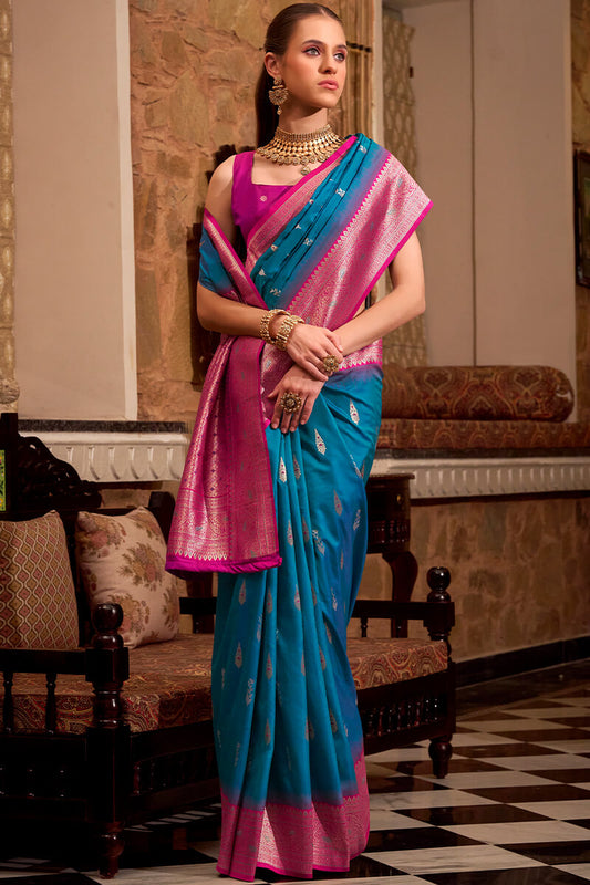 Ideal Blue Soft Banarasi Silk Saree With Groovy Blouse Piece