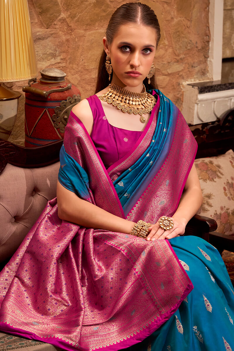 Ideal Blue Soft Banarasi Silk Saree With Groovy Blouse Piece