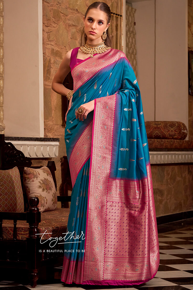 Ideal Blue Soft Banarasi Silk Saree With Groovy Blouse Piece