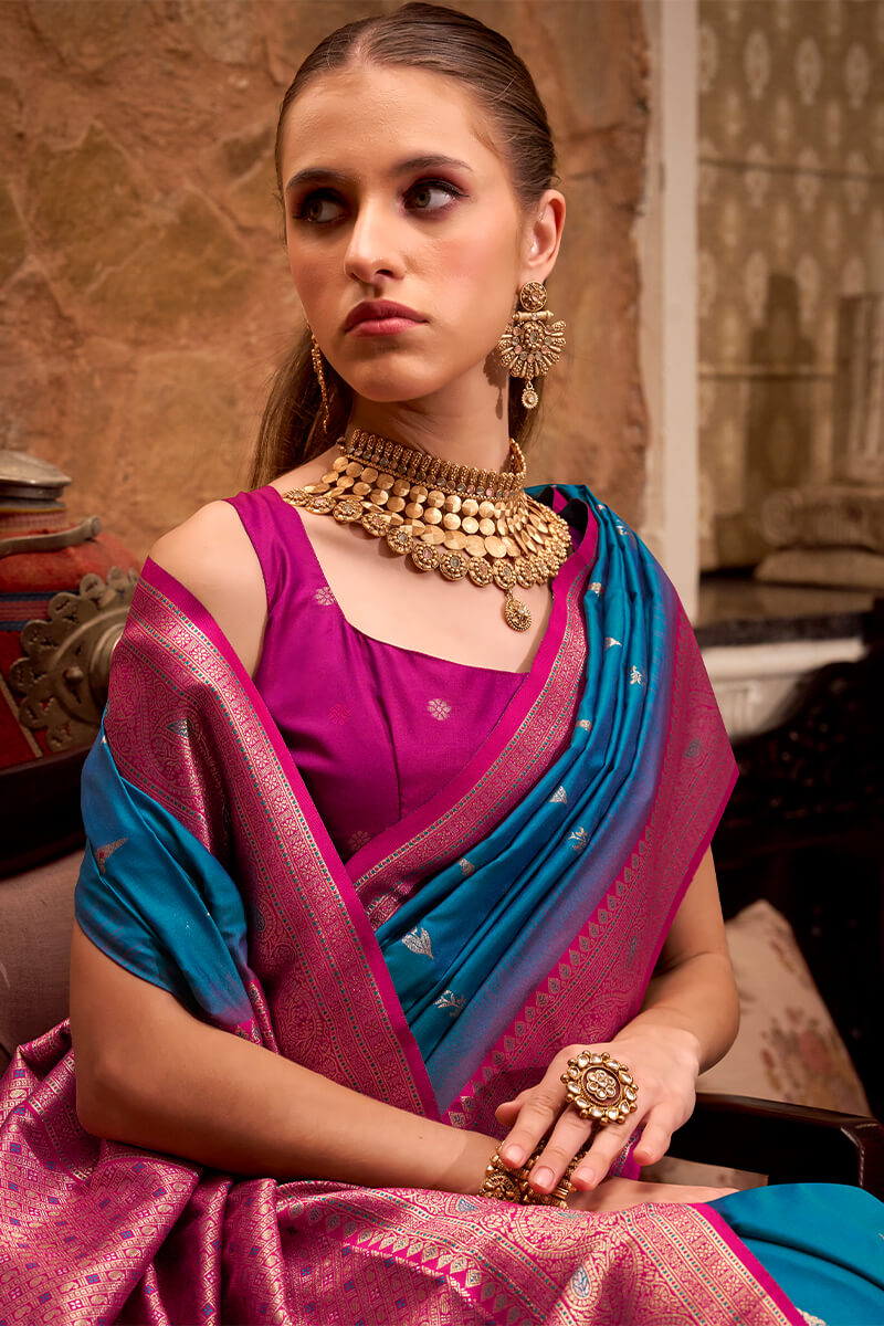 Ideal Blue Soft Banarasi Silk Saree With Groovy Blouse Piece