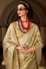 Resonant Beige Soft Banarasi Tissue Silk Saree With Imaginative Blouse Piece