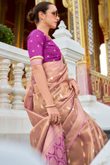Flamboyant Peach Soft Banarasi Silk Saree With Dissemble Blouse Piece