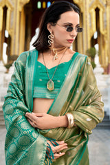 Unequalled Mehndi Soft Banarasi Silk Saree With Serendipity Blouse Piece