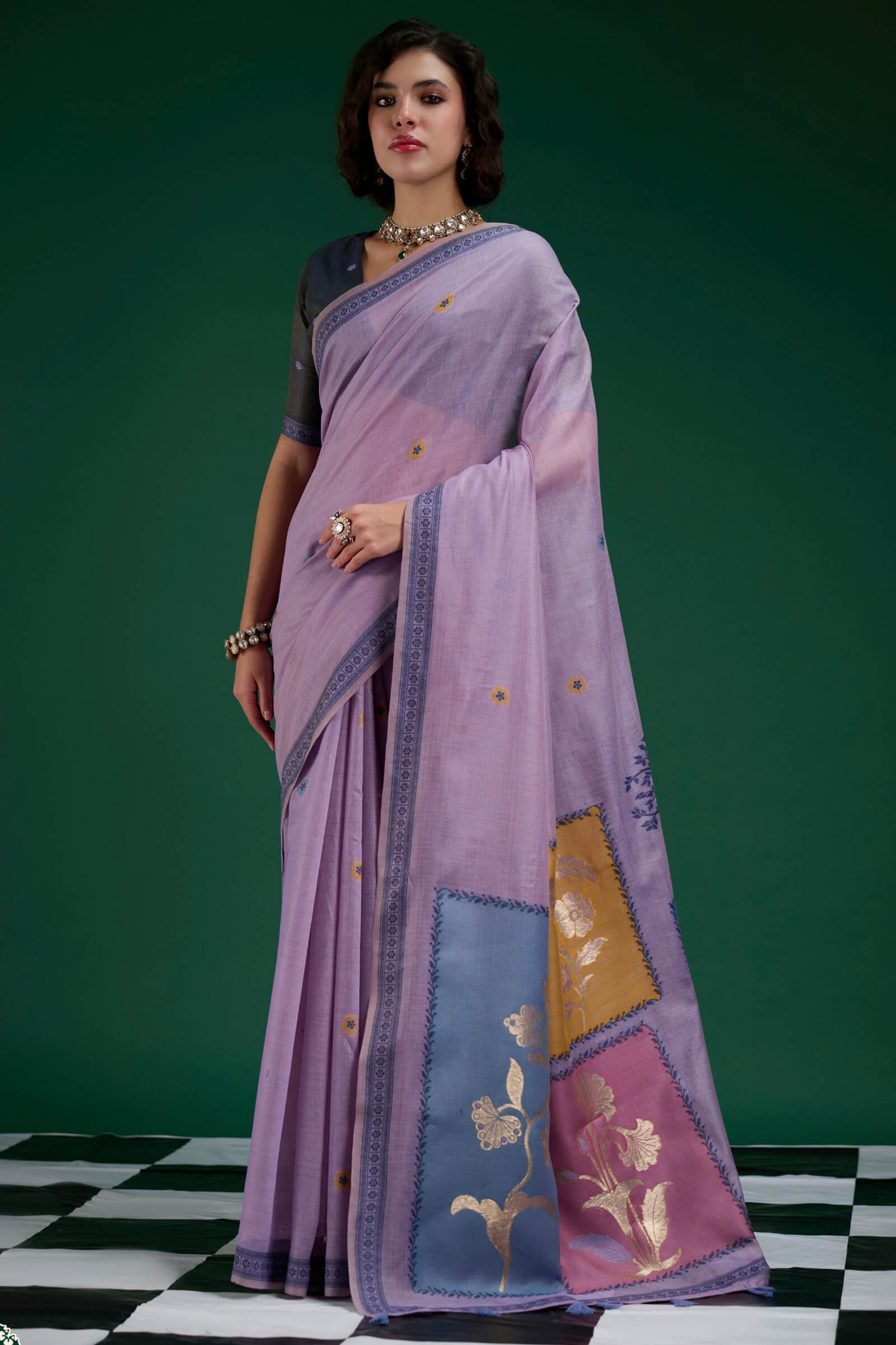 Eclat Lavender Jamdani Cotton Silk Saree With Embellished Blouse Piece