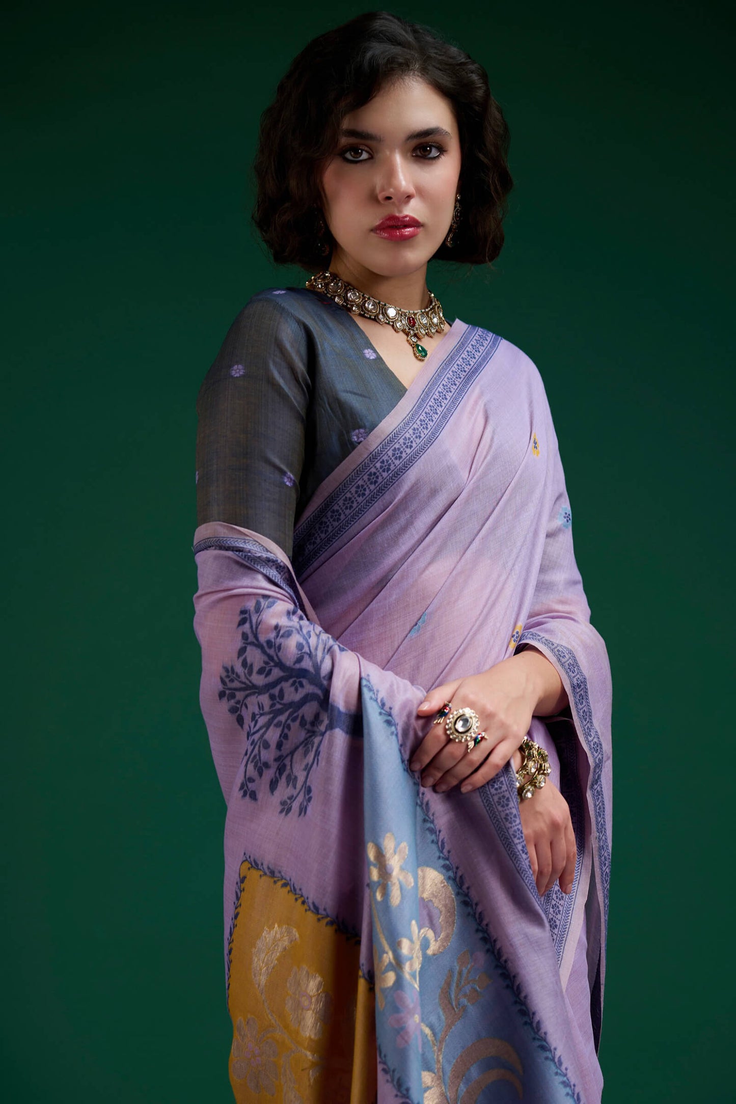 Eclat Lavender Jamdani Cotton Silk Saree With Embellished Blouse Piece