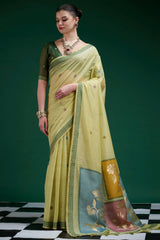 Inimitable Lemon Jamdani Cotton Silk Saree With Symmetrical Blouse Piece