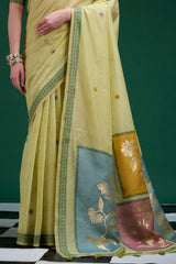Inimitable Lemon Jamdani Cotton Silk Saree With Symmetrical Blouse Piece
