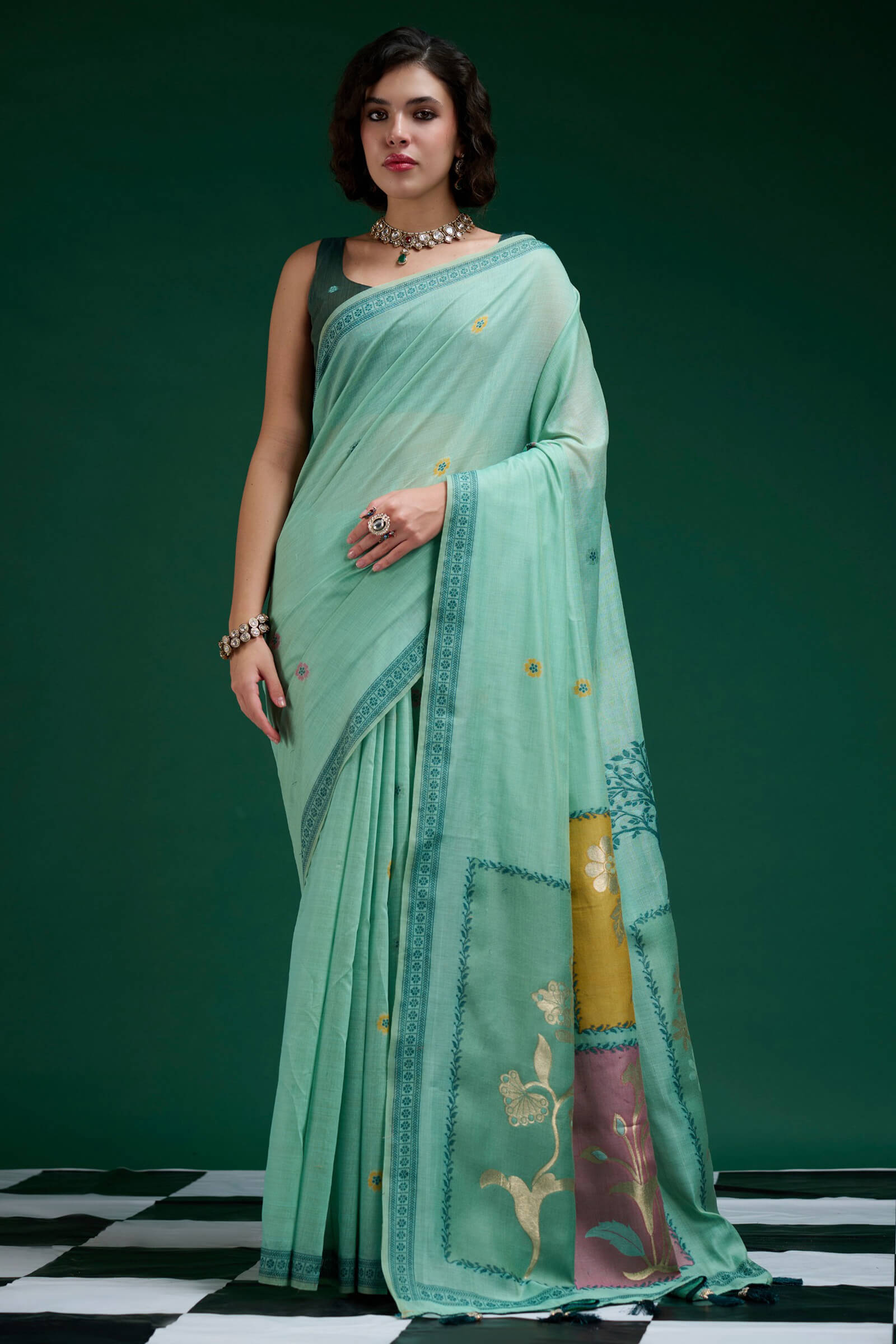 Fancifull Sea Green Jamdani Cotton Silk Saree With Confounding Blouse Piece