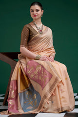 Felicitous Peach Jamdani Cotton Silk Saree With Glamorous Blouse Piece