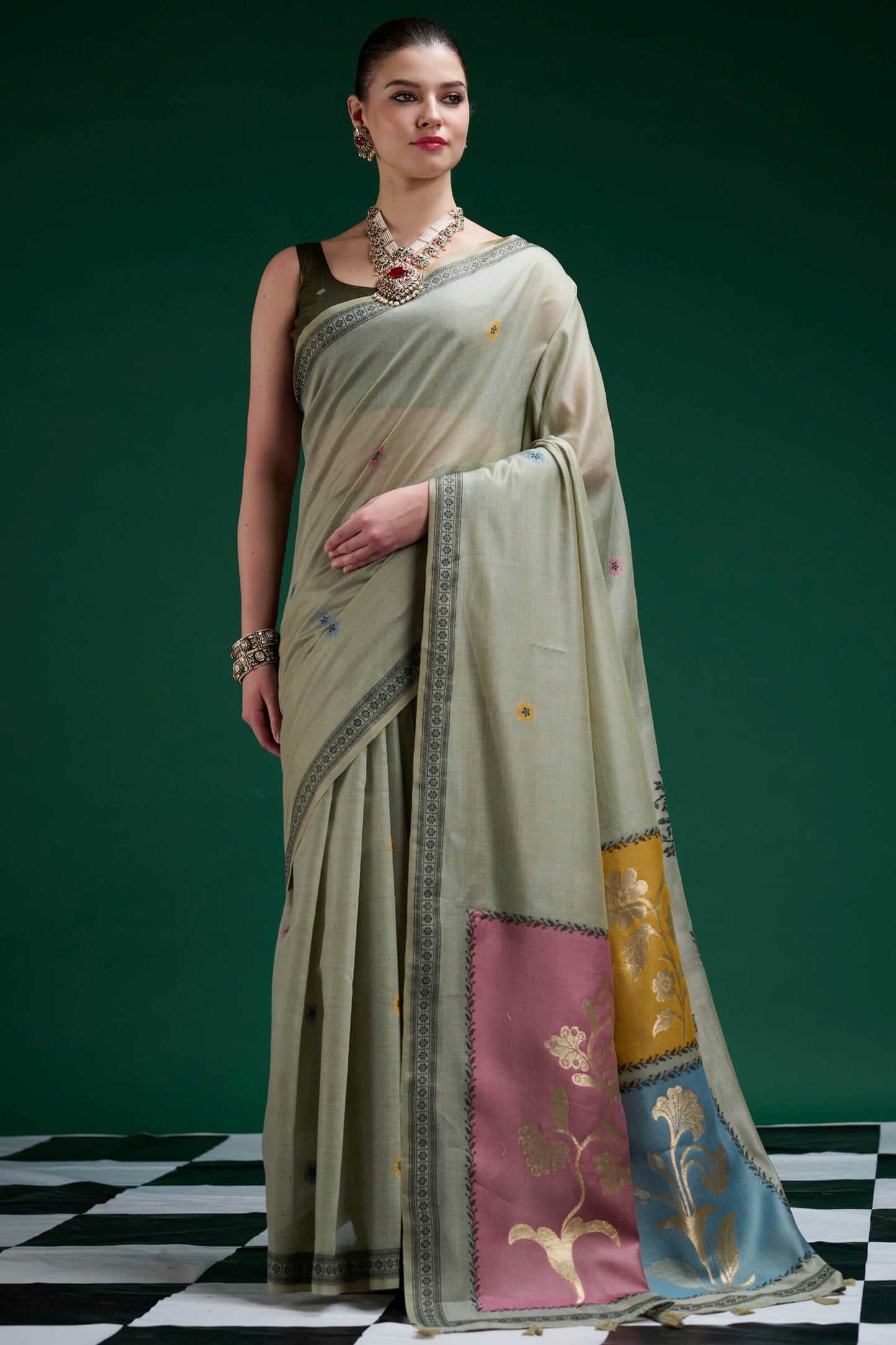 Amazing Pista Jamdani Cotton Silk Saree With Beguiling Blouse Piece