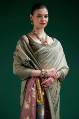 Amazing Pista Jamdani Cotton Silk Saree With Beguiling Blouse Piece